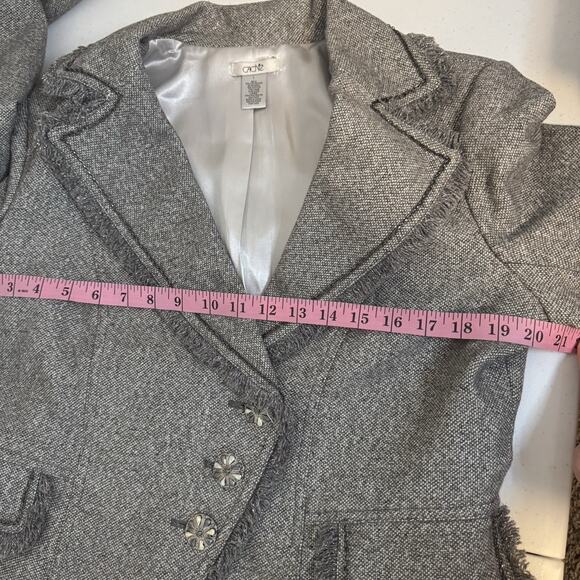 Cache Size Large Y2K Metalic Silver Gray Boucle Wool Blend Tweed Blazer Fringe - Picture 9 of 11